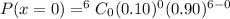 P(x=0)=^6C_0(0.10)^0(0.90)^{6-0}