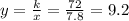 y=\frac{k}{x}=\frac{72}{7.8}=9.2