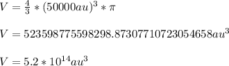 V= \frac{4}{3} * (50000au)^{3} * \pi  \\  \\ V=523598775598298.87307710723054658 au^{3}  \\  \\ V=5.2* 10^{14}  au^{3}