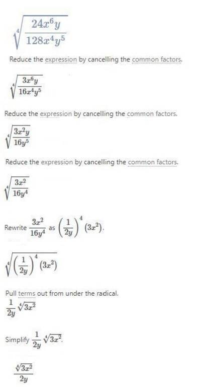 Need  which expression is equivalent to ^4√(24x^6y / 128x^4y^5)