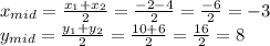 x_{mid}=\frac{x_{1}+x_{2}}{2} =\frac{-2-4}{2}=\frac{-6}{2} =-3\\y_{mid}=\frac{y_{1}+y_{2}}{2} =\frac{10+6}{2}=\frac{16}{2} =8\\