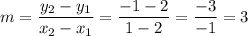 m = \dfrac{y_2 - y_1}{x_2 - x_1} = \dfrac{-1 - 2}{1 - 2} = \dfrac{-3}{-1} = 3
