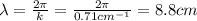\lambda= \frac{2 \pi}{k}= \frac{2 \pi}{0.71 cm^{-1}}=8.8 cm