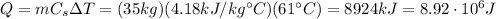 Q=mC_s \Delta T=(35 kg)(4.18 kJ/kg ^{\circ}C)(61^{\circ}C)=8924 kJ = 8.92 \cdot 10^6 J