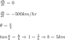 \frac{dh}{dt}=0\\\\\frac{db}{dt}=-500km/hr\\\\\theta =\frac{\pi }{4}\\\\tan\frac{\pi }{4}=\frac{h}{b}\Rightarrow 1=\frac{5}{b}\Rightarrow b=5km