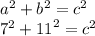 a ^{2}  + b^{2}  =  {c}^{2}  \\  {7}^{2}  +  {11}^{2}  =  {c}^{2}