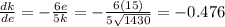 \frac{dk}{de} = -\frac{6e}{5k} = -\frac{6(15)}{5\sqrt{1430}} = -0.476