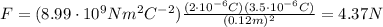 F=(8.99 \cdot 10^9 Nm^2C^{-2}) \frac{(2\cdot 10^{-6} C)(3.5 \cdot 10^{-6}C)}{(0.12 m)^2}=4.37 N