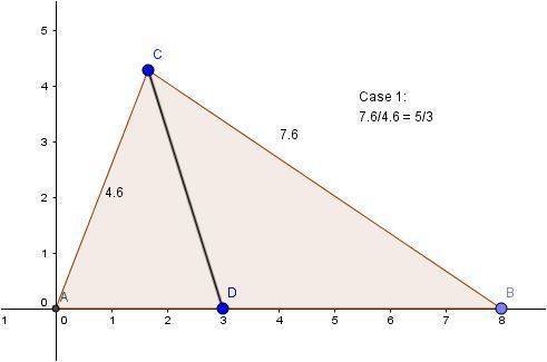 An angle bisector of a triangle divides the opposite side of the triangle into segments 5 cm and 3 c