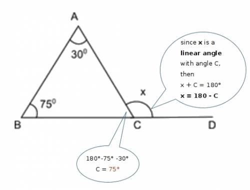 Plz  !  in the figure shown, what is the measure of angle x?  150 degrees 110 degrees 105 degrees 10