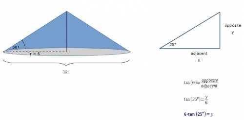 Acone has a diameter of 12 and an inclination angle of 25. what is the height?