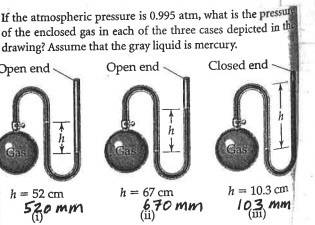 What is the pressure of the enclosed gas in (i)?  assume that the gray liquid is mercury?