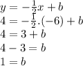 y=-\frac{1}{2}x+b\\4=-\frac{1}{2}.(-6)+b\\4=3+b\\4-3=b\\1=b