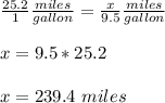 \frac{25.2}{1}\frac{miles}{gallon} =\frac{x}{9.5}\frac{miles}{gallon} \\ \\x=9.5*25.2\\ \\x=239.4\ miles