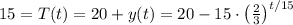 15 = T(t) = 20 + y(t) = 20 - 15\cdot\left( \frac{2}{3} \right)^{t/15}