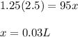 1.25(2.5)=95x \\  \\ &#10;x=0.03 L&#10;