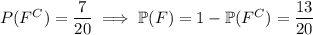P(F^C)=\dfrac7{20}\implies\mathbb P(F)=1-\mathbb P(F^C)=\dfrac{13}{20}