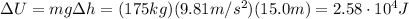 \Delta U = mg \Delta h=(175 kg)(9.81 m/s^2)(15.0 m)=2.58 \cdot 10^4 J
