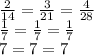 \frac{2}{14}=\frac{3}{21}=\frac{4}{28}\\\frac{1}{7}= \frac{1}{7}=\frac{1}{7}\\7=7=7