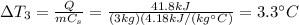 \Delta T_3= \frac{Q}{m C_s} = \frac{41.8 kJ}{(3 kg)(4.18 kJ/(kg ^{\circ} C)}=3.3 ^{\circ} C