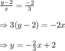 \frac{y-2}{x} = \frac{-2}{3}  \\  \\ \Rightarrow3(y-2)=-2x \\  \\ \Rightarrow y=- \frac{2}{3} x+2