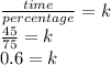 \frac{time}{percentage}=k\\\frac{45}{75}=k\\0.6=k