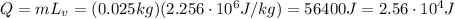 Q=m L_v = (0.025 kg)(2.256 \cdot 10^6 J/kg)=56400 J = 2.56 \cdot 10^4 J