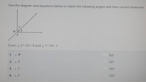 Use the diagram and equations below to match the following angles with their correct measures. given