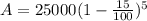 A=25000(1-\frac{15}{100})^5