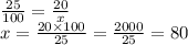 \frac{25}{100}  =  \frac{20}{x}  \\ x =  \frac{20 \times 100}{25}  =  \frac{2000}{25}  = 80
