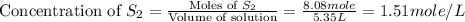 \text{Concentration of }S_2=\frac{\text{Moles of }S_2}{\text{Volume of solution}}=\frac{8.08mole}{5.35L}=1.51mole/L