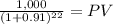 \frac{1,000}{(1 + 0.91)^{22} } = PV