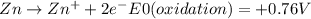Zn\rightarrow Zn^{+}+2e^{-}        E0(oxidation) =+0.76 V