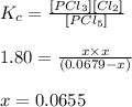 K_c=\frac{[PCl_3][Cl_2]}{[PCl_5]}\\\\1.80=\frac{x\times x}{(0.0679-x)}\\\\x = 0.0655