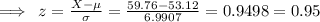 \implies\:z=\frac{X-\mu}{\sigma}=\frac{59.76-53.12}{6.9907}=0.9498=0.95