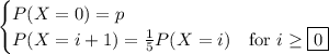 \begin{cases}P(X=0)=p\\P(X=i+1)=\frac15P(X=i)&\text{for }i\ge\boxed{0}\end{cases}