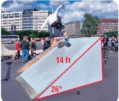 Ron wants to build a ramp with a length of a 14 ft and an angle of elevation of 26 degrees.