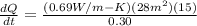 \frac{dQ}{dt} = \frac{(0.69W/m-K)(28 m^2)(15)}{0.30}