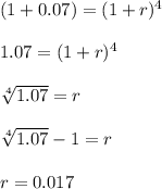 &#10;(1+0.07) = (1+ r) ^{4} \\ \\ 1.07 = (1+r) ^{4} \\ \\ \sqrt[4]{1.07} = r \\ \\ \sqrt[4]{1.07} - 1 = r \\ \\ r = 0.017