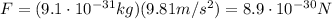 F=(9.1 \cdot 10^{-31} kg)(9.81 m/s^2)=8.9 \cdot 10^{-30} N