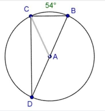 In circle a shown below, bd with a line above is the diameter and the measure of arc cb is 54 degree