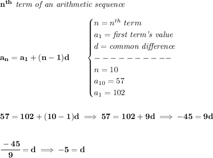 \bf n^{th}\textit{ term of an arithmetic sequence}&#10;\\\\&#10;a_n=a_1+(n-1)d\qquad &#10;\begin{cases}&#10;n=n^{th}\ term\\&#10;a_1=\textit{first term's value}\\&#10;d=\textit{common difference}\\&#10;----------\\&#10;n=10\\&#10;a_{10}=57\\&#10;a_1=102&#10;\end{cases}&#10;\\\\\\&#10;57=102+(10-1)d\implies 57=102+9d\implies -45=9d&#10;\\\\\\&#10;\cfrac{-45}{9}=d\implies -5=d