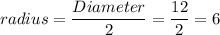 radius=\dfrac{Diameter}{2}=\dfrac{12}{2}=6