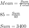 Mean= \frac{Sum}{Total}  \\  \\ &#10;85= \frac{Sum}{40}  \\  \\ &#10;Sum=3400