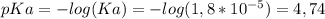 pKa=-log(Ka)=-log( 1,8*10^{-5} )=4,74