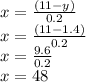 x = \frac {(11-y)} {0.2}\\x = \frac {(11-1.4)} {0.2}\\x = \frac {9.6} {0.2}\\x = 48