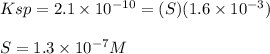 Ksp = 2.1 \times 10^{-10} = (S)(1.6\times 10^{-3} )\\\\S = 1.3 \times 10^{-7} M