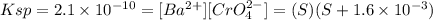 Ksp = 2.1 \times 10^{-10} = [Ba^{2+} ][CrO_4^{2-} ]= (S)(S+1.6\times 10^{-3}  )