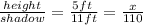 \frac{height}{shadow} = \frac{5ft \:}{11ft} = \frac{x}{110}