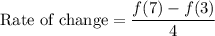 \text{Rate\ of\ change}=\dfrac{f(7)-f(3)}{4}
